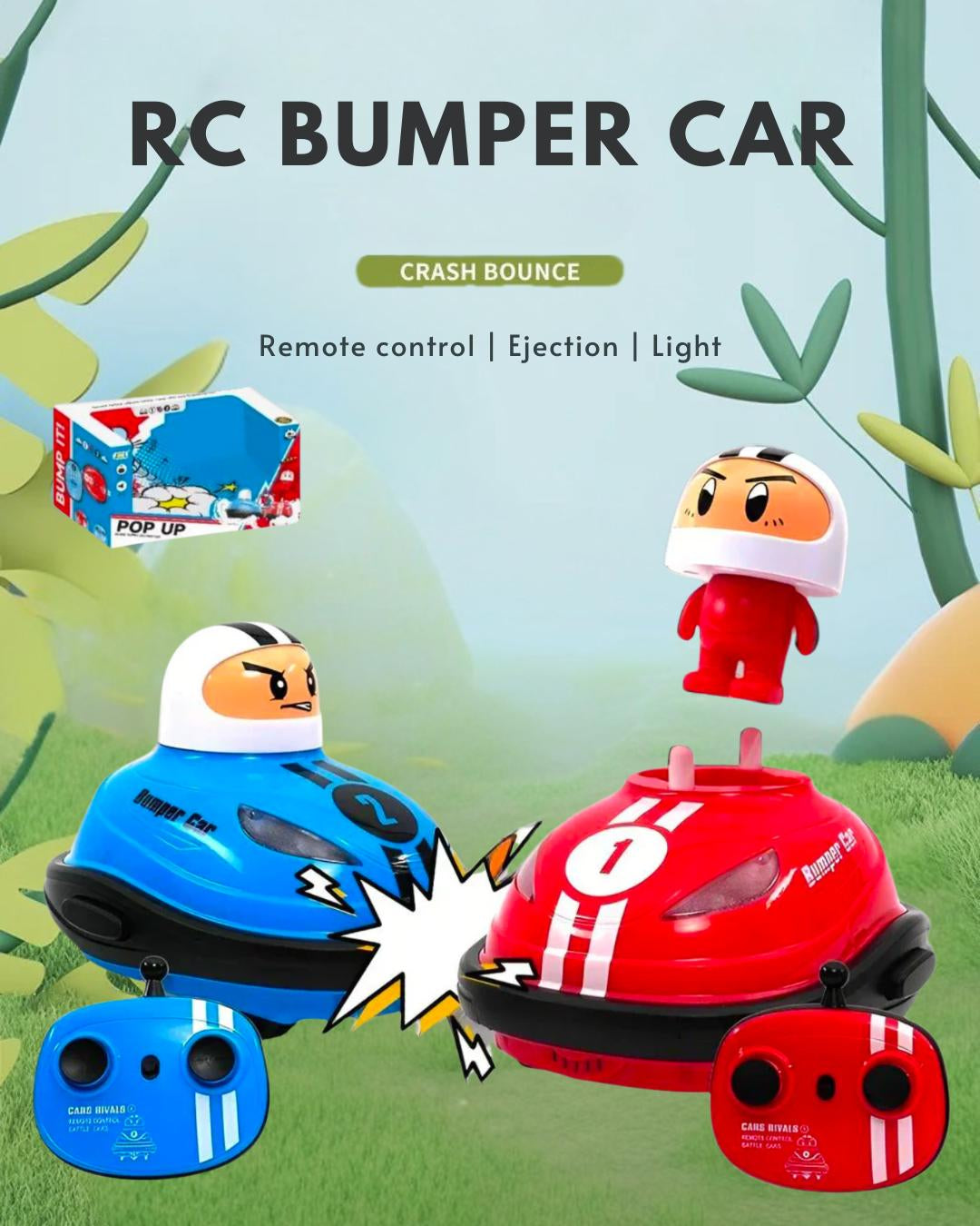 Two RC bumper cars, one blue and one red, with a remote control 