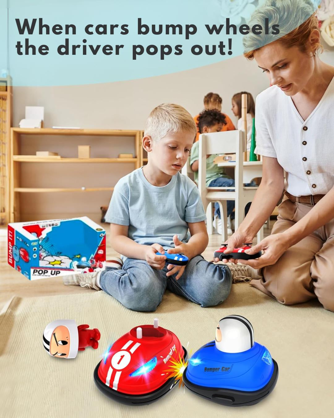 Children playing with toy cars on a carpeted floor, with his mother nearby.