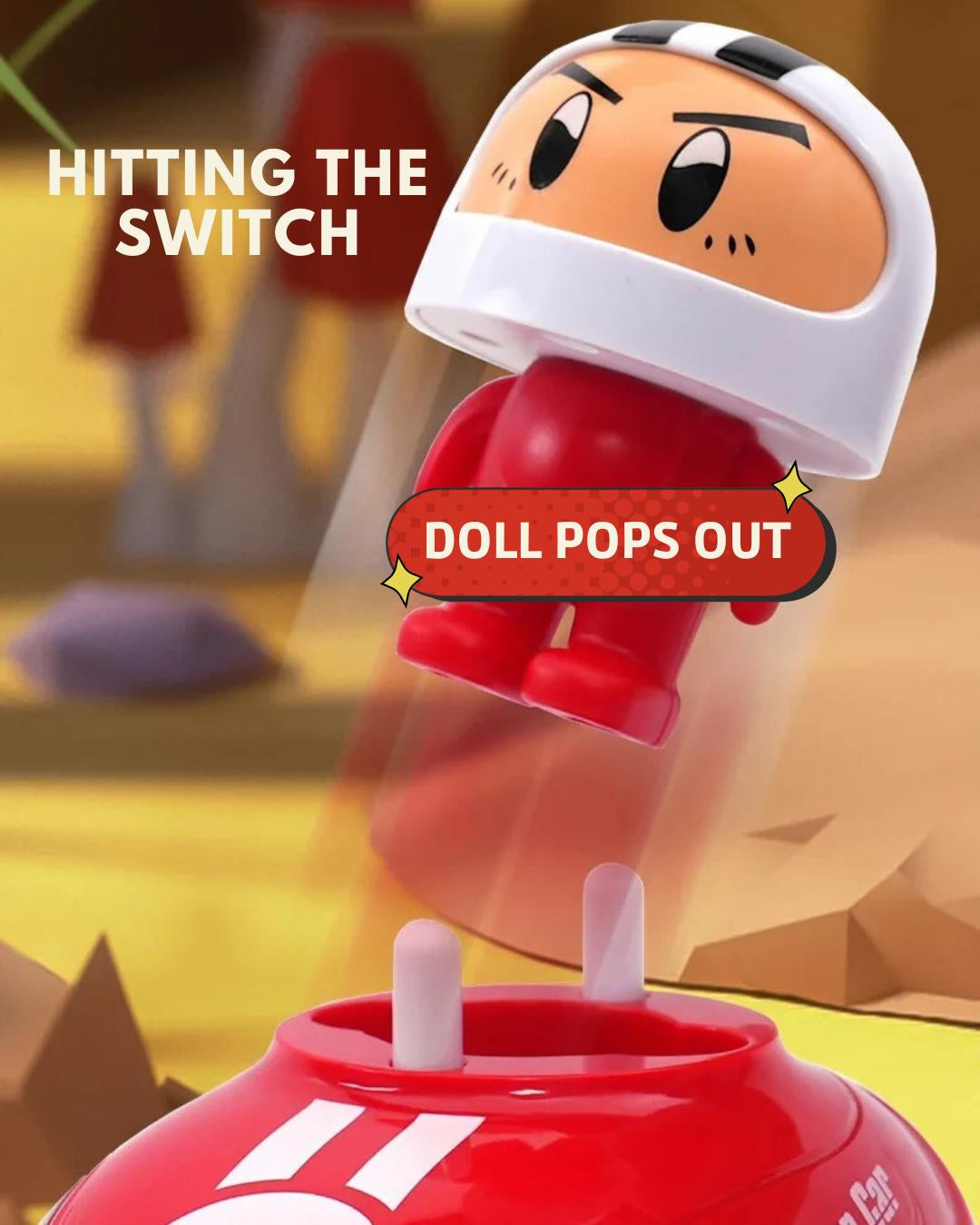 Toy with a character popping out, labeled 'Hitting the Switch' and 'Doll Pops Out'.